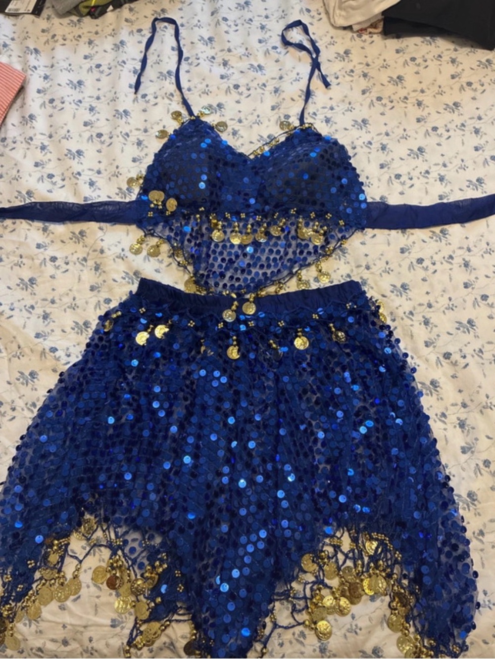 Girls Royal Blue Sequin Dance Dress with Gold Coin Trim